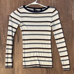 Theory Cream and Brown Merino Wool Striped Long Sleeve Top
